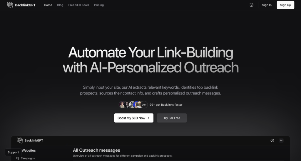 BacklinkGPT homepage showcasing the headline 'Automate Your Link-Building with AI-Personalized Outreach.' Subtext highlights features like keyword extraction, prospect identification, and personalized outreach messages. Includes buttons for 'Boost My SEO Now' and 'Try For Free.